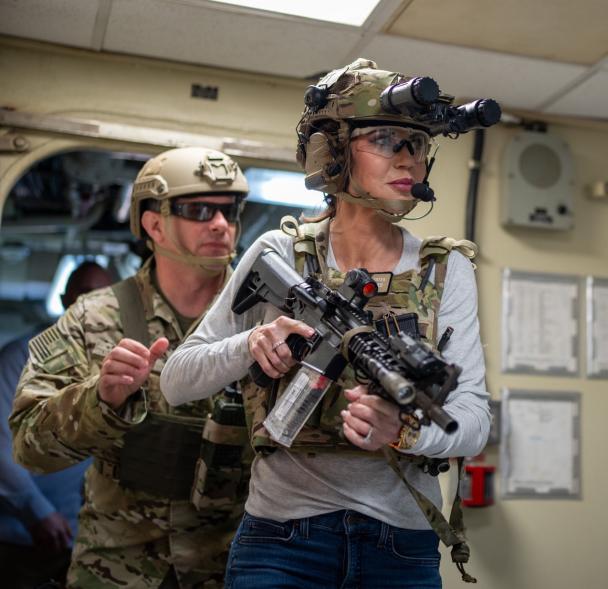 Kristi Noem trains with the Maritime Security Response Team West during a visit to Coast Guard Cutter Elm, in San Diego, CA, March 16, 2025.