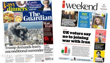 The headline on the front page of the Guardian reads: "Trump demands Iran's unconditional surrender."