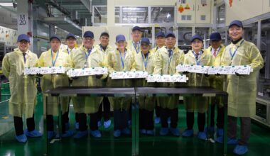 LG Energy Solution (LGES) CEO Kim Dong-myung, fourth from right, displays the company