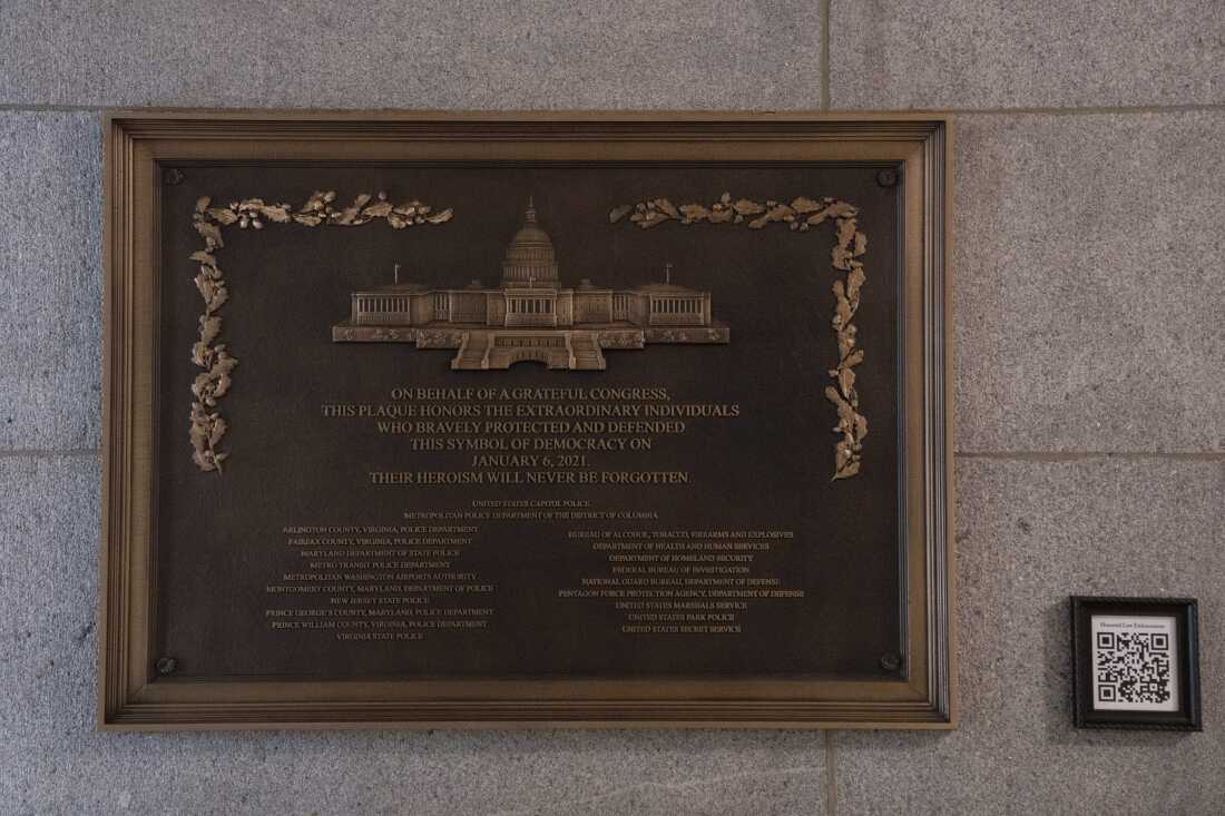 A plaque honoring police service on Jan. 6, 2021 at the Capitol, Saturday, March 7, 2026, in Washington.