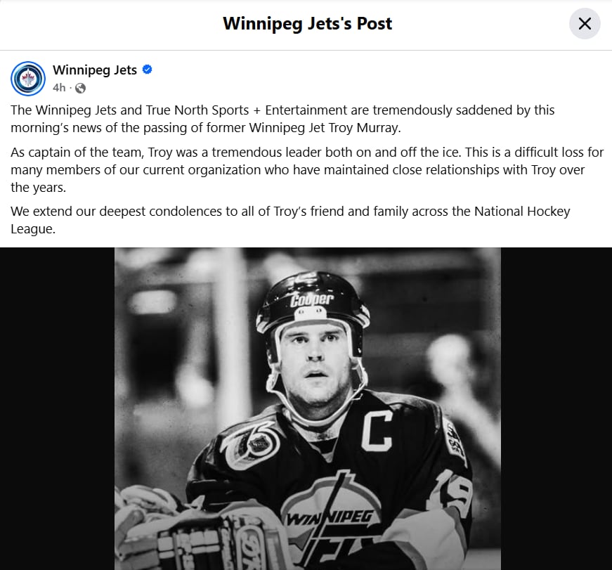 A screengrab shows a social media post with a black and white photo of a hockey player.