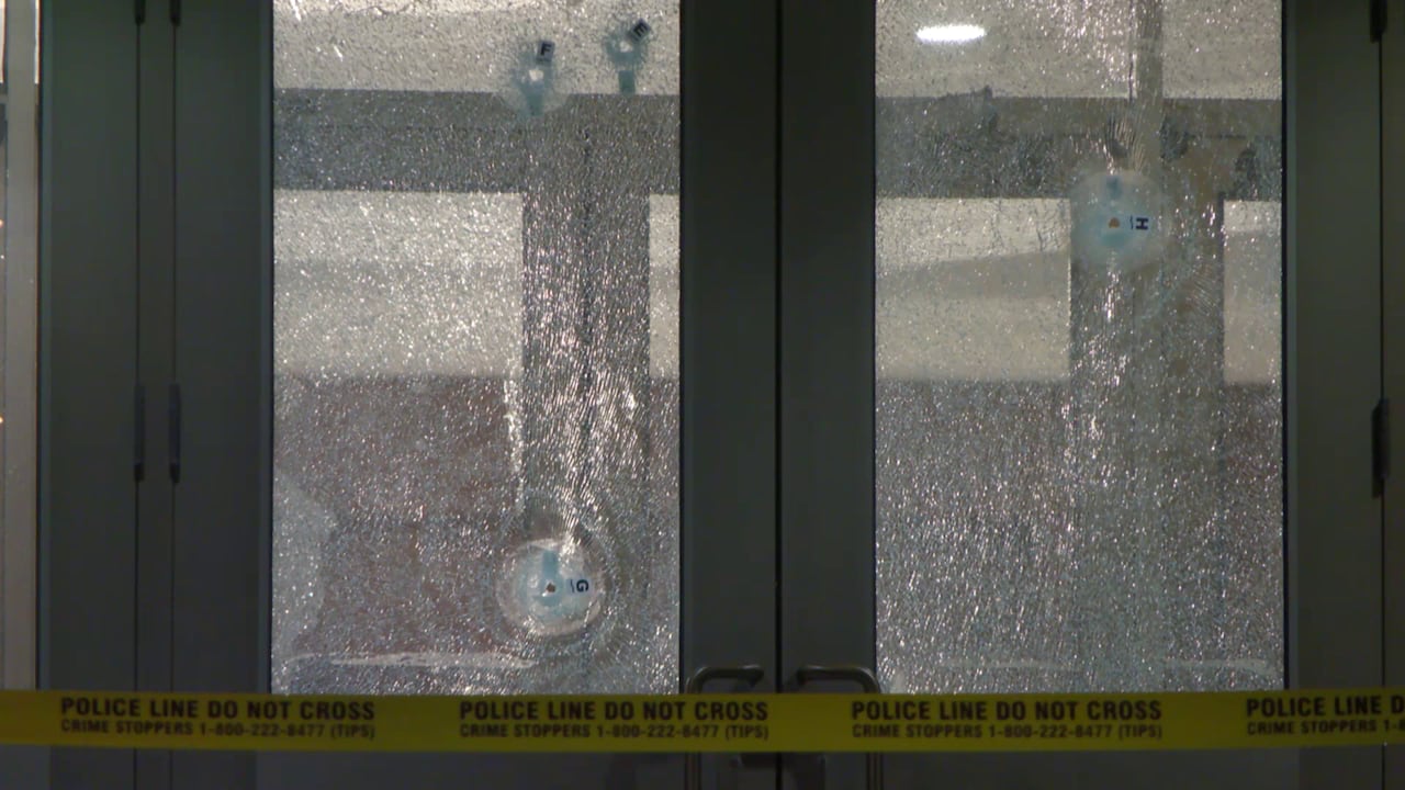 Bullet holes in a glass door