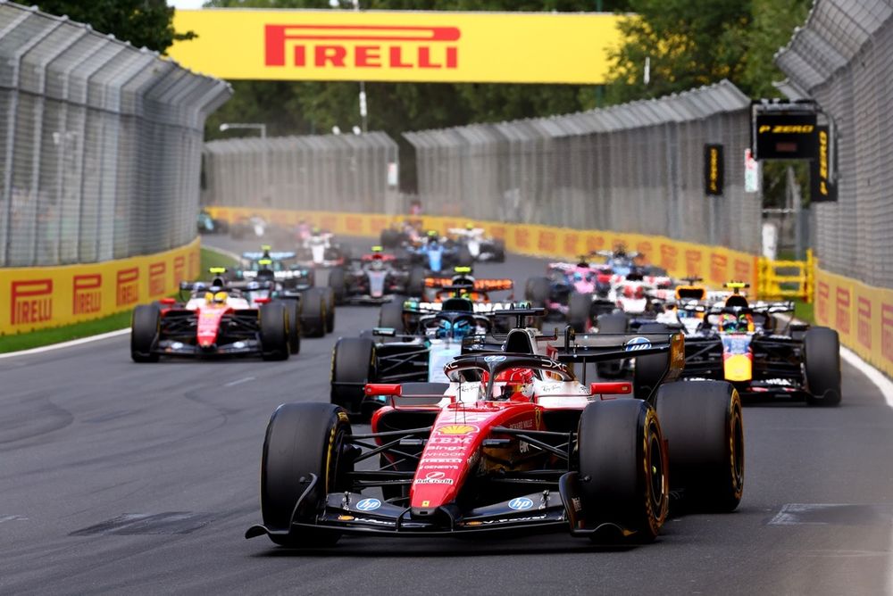 Charles Leclerc, Ferrari, George Russell, Mercedes, Isack Hadjar, Red Bull Racing