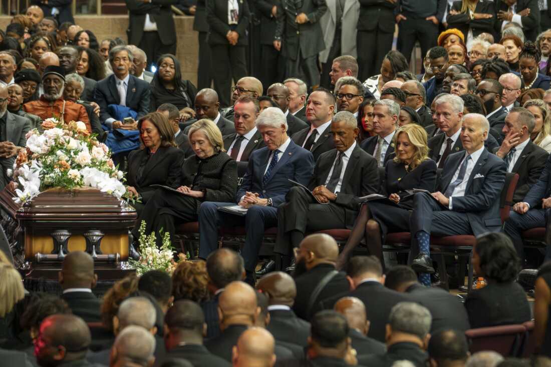 Former Vice President Kamala Harris, former Secretary of State Hillary Clinton, former Presidents Bill Clinton and Barack Obama, former first lady Jill Biden and former President Joe Biden attend a public homegoing service for the Rev. Jesse Jackson at the House of Hope on Friday.