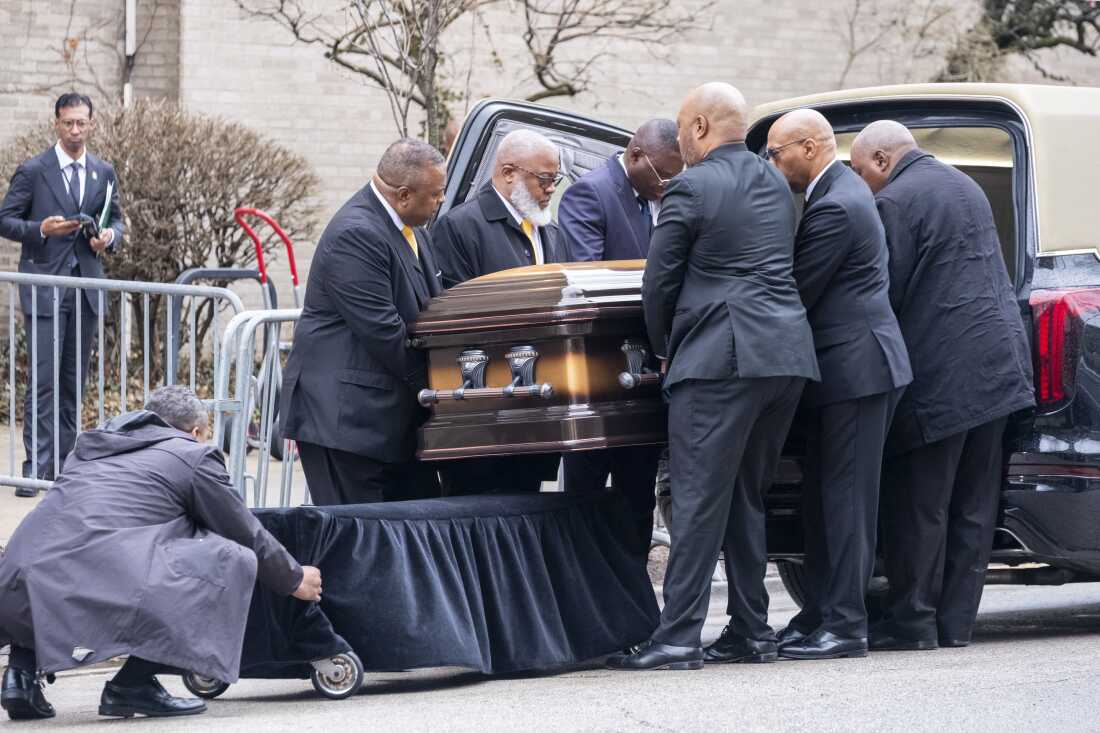 Pallbearers remove the casket of the Rev. Jesse Jackson from a hearse outside the Rainbow PUSH Coalition ahead of homegoing services honoring the civil rights leader on Saturday.