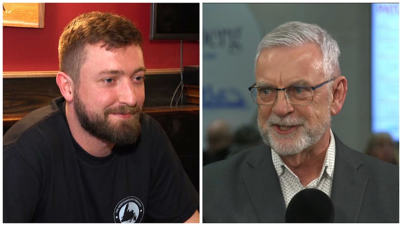 A collage photo of two people. On the left is a man wearing a black t-shirt in a pub. On the right, a man wearing a suit speaks into a microphone.