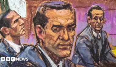 This sketch shows the Alexander brothers in court. Both are wearing suits