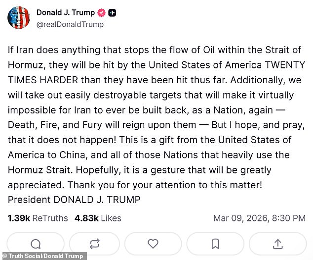 Trump's warning to Iran about the Strait of Hormuz on March 9