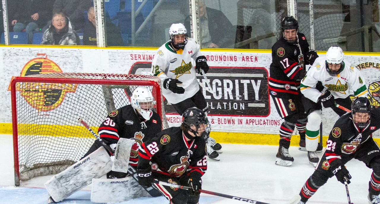 The Sarnia Legionnaires are shown in game action against the St. Thomas Stars earlier this season.