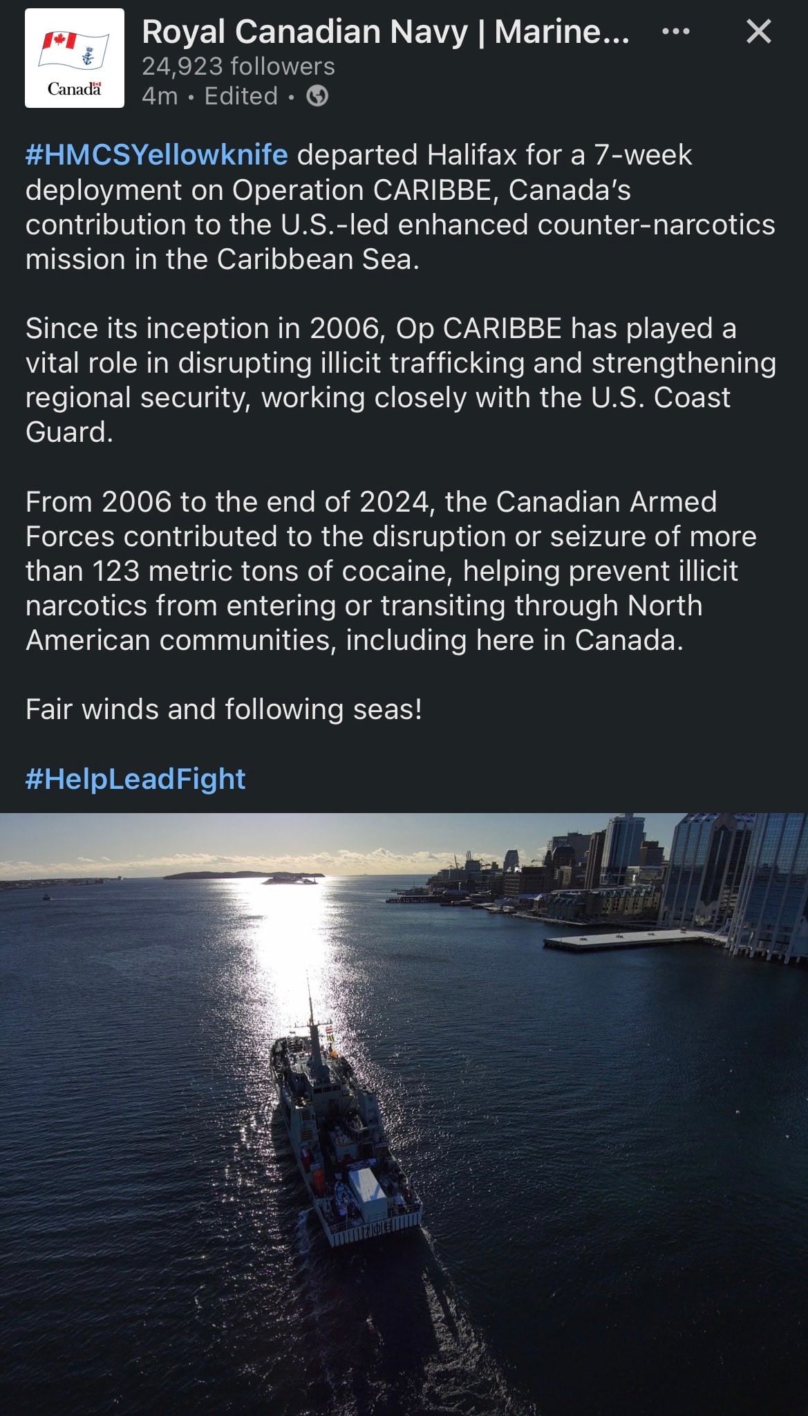 A graphic shows the HMCS Yellowknife and gives stats on seizures made during previous rounds of Op Caribbe.