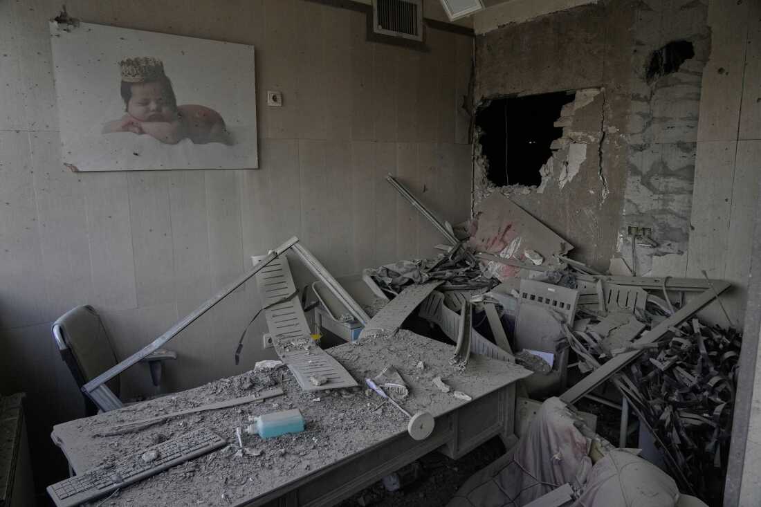 Debris is seen in a room of the Gandhi Hospital, which was damaged when a strike hit
