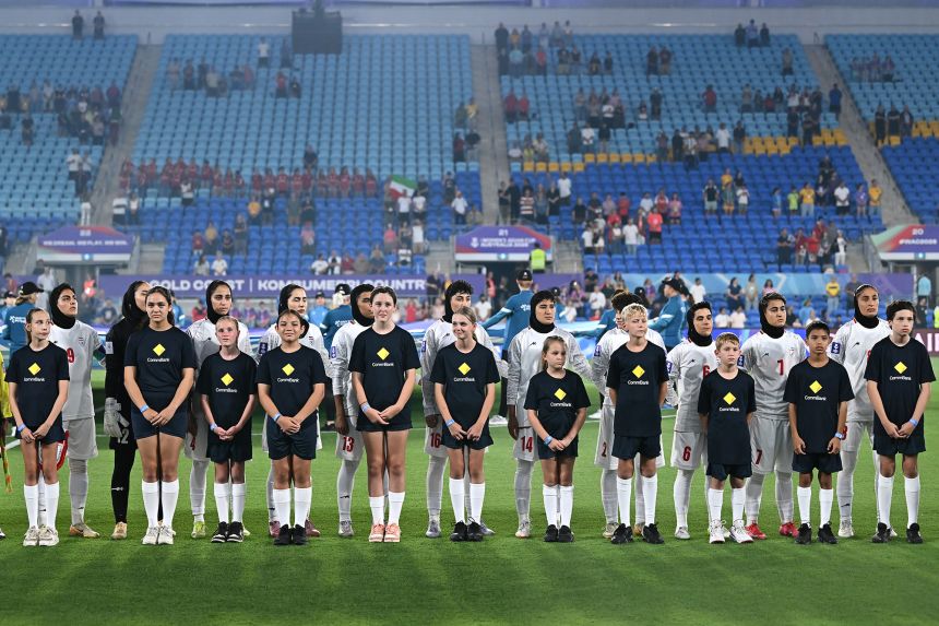 Iranian players before their match against South Korea on March 2, 2026 in Gold Coast, Australia.