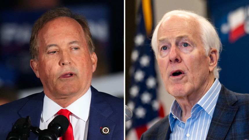Texas Attorney General Ken Paxton, left, and Sen. John Cornyn at their respective primary election night watch events on March 3, 2026.