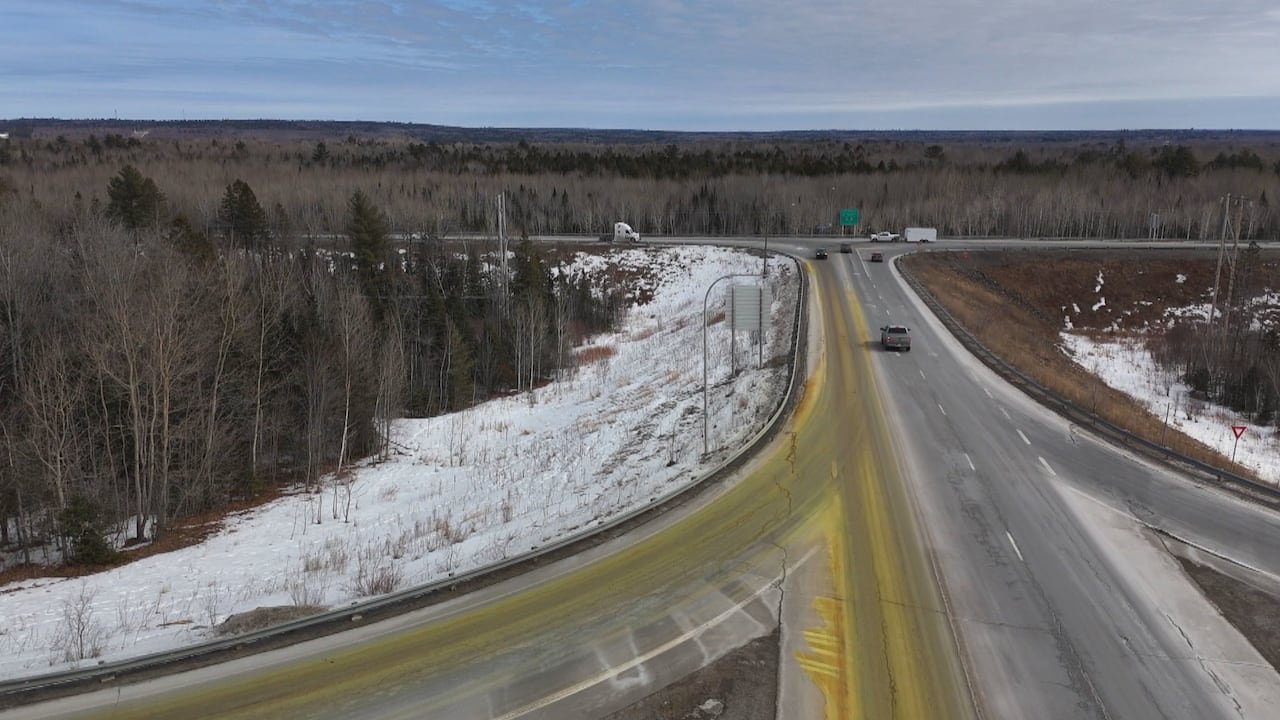 An aerial shot of a chemical spill on the Vanier Highway interchange in Fredericton.