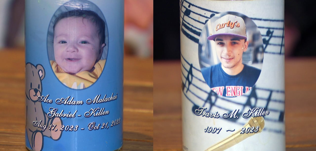Two commemorative candles showing two people who died in a car crash are shown.