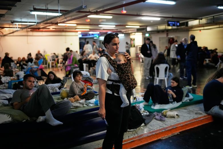 Leah Guttmann holds her son, Teddy, while taking shelter in an underground parking garage as air-raid sirens warn of incoming missiles in Tel Aviv, Israel, on March 1.