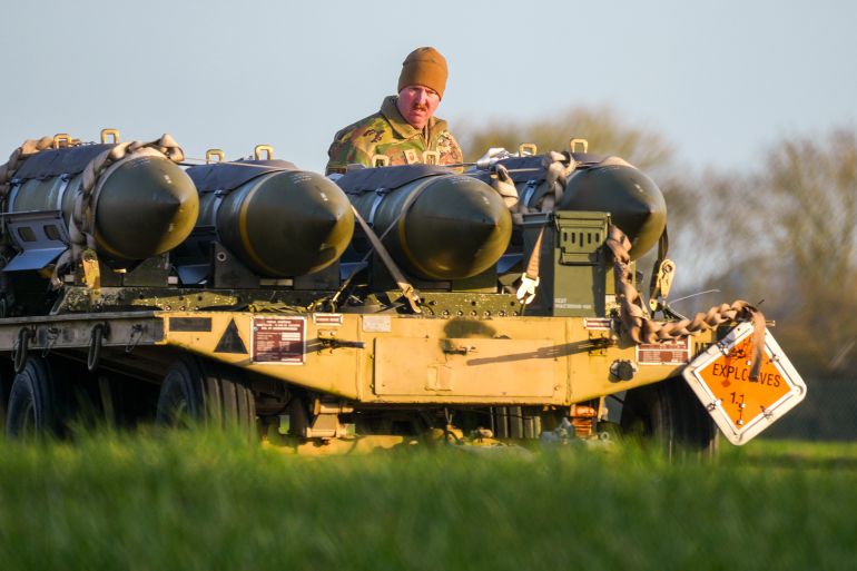 FAIRFORD, ENGLAND - MARCH 11: Ground Crew load munitions into a US Air Force B-1 bomber at RAF Fairford on March 11, 2026 in Fairford, England. Since UK Prime Minister Keir Starmer allowed the US to use British bases to launch defensive strikes against Iranian missile sites, a variety of US military aircraft including B52 bombers, and B-1 bombers, have arrived at RAF Fairford in Gloucestershire. (Photo by Christopher Furlong/Getty Images)
