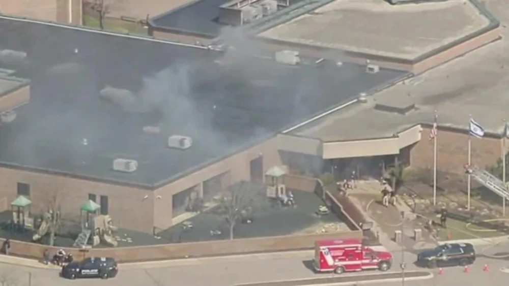 Helicopter view of Temple Israel in West Bloomfield, Michigan, about 1:25 p.m. March 12, 2026.