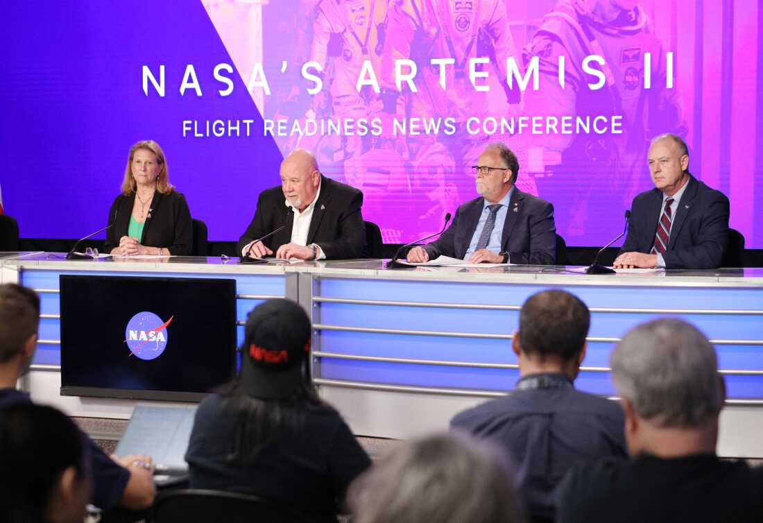 NASA employees brief the media on Thursday at the Kennedy Space Center in Cape Canaveral, Fla. about the delayed Artemis II mission. The news conference focused on revisions and fixes being done to the rocket components.