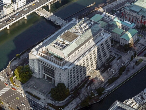 This aerial photo shows City Hall in Osaka, western Japan, in January 2026. (Kyodo News via AP)