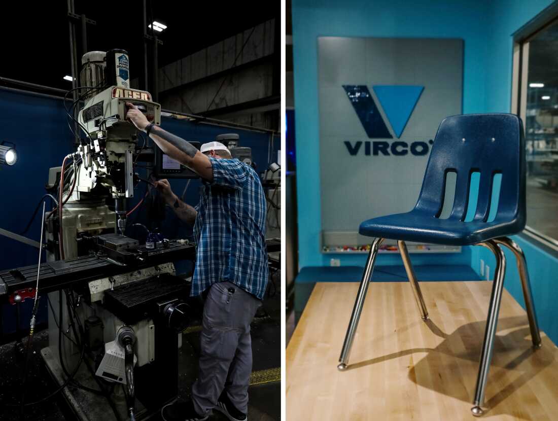 Left: Apprentice Caleb Moss starts his day at Virco Manufacturing in Conway, Ark., at 4:30 a.m. Right: Virco's best-known product is its 9000 Series chair.