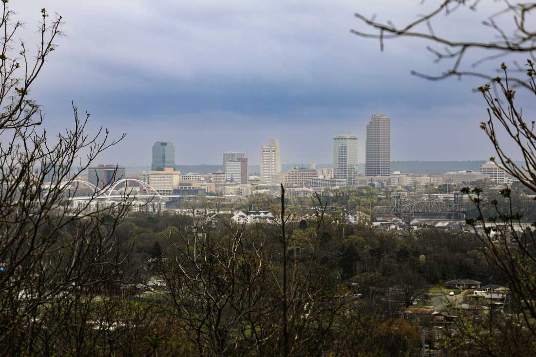 View of Little Rock's skyline on a cloudy day.