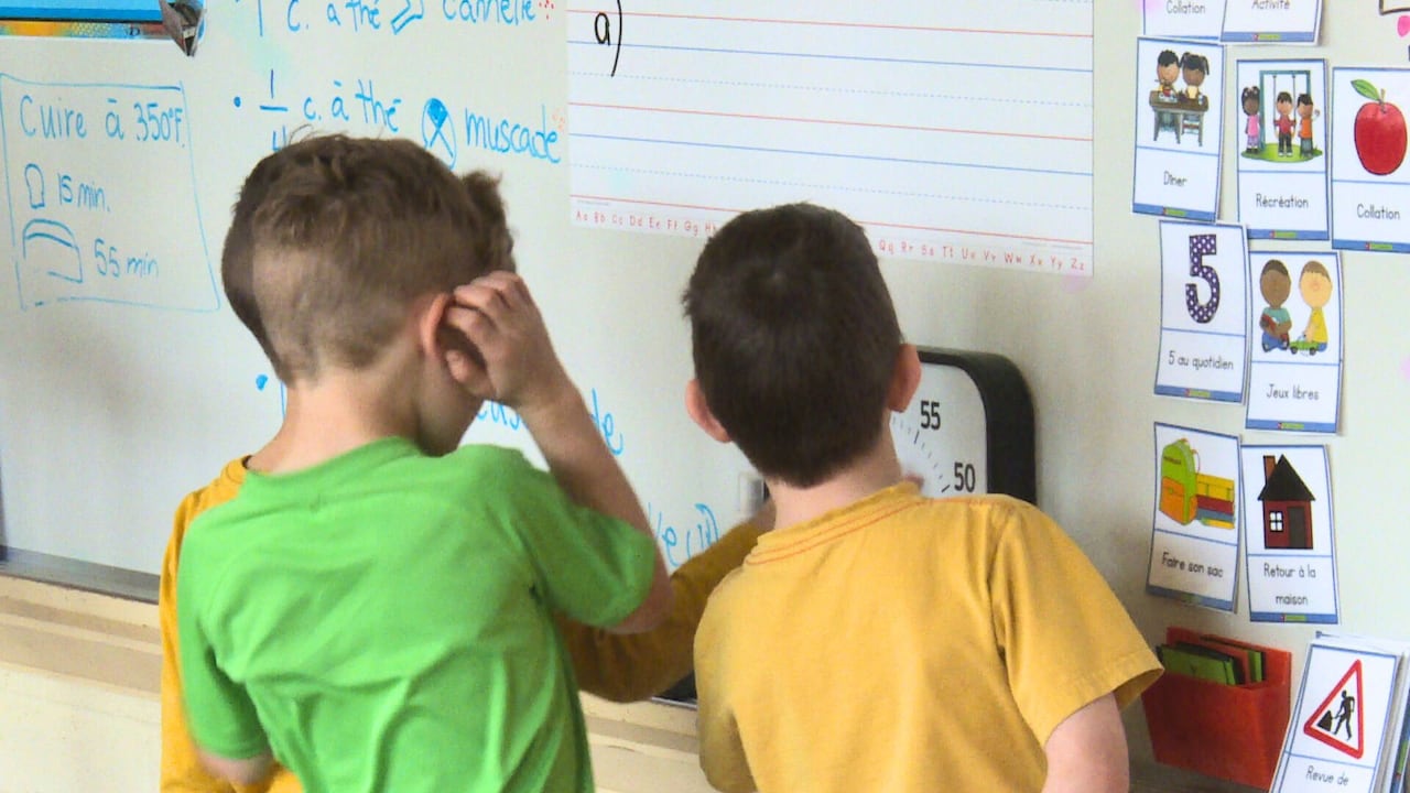 A small group of boys cluster around a clock without hands.