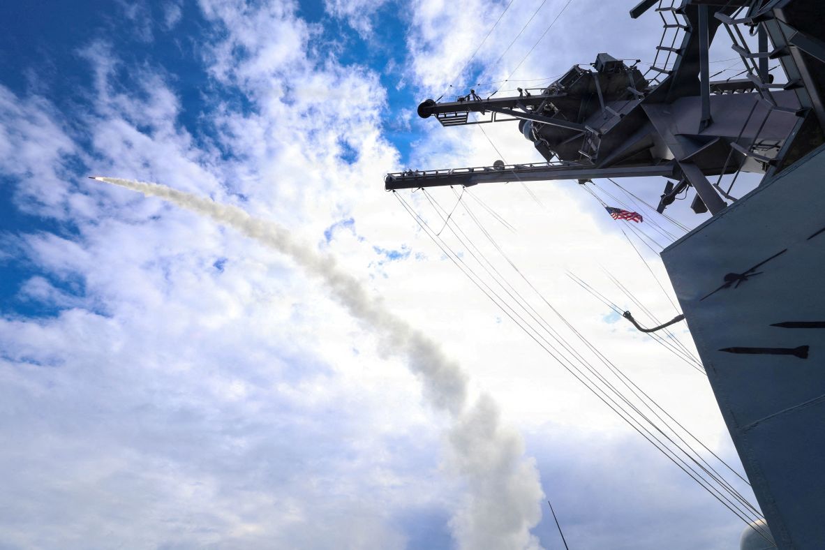 In this photo released by the US Navy, the USS Thomas Hudner fires a Tomahawk missile from an undisclosed location on March 1.