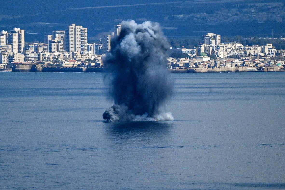An explosion in the sea is seen from Haifa, Israel, on February 28.