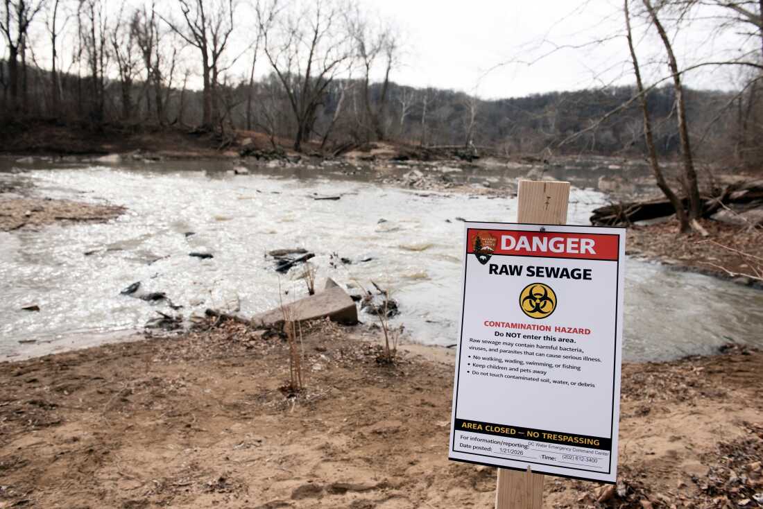 A warning sign was placed in January at the site of a massive pipe rupture, as sewage flowed into the Potomac River in Glen Echo, Md.