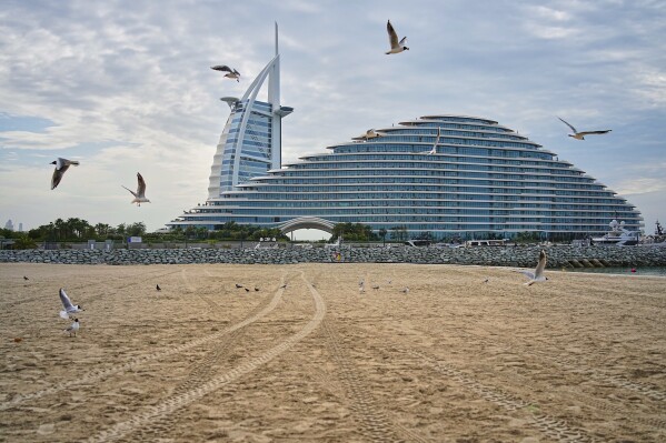 Seagulls fly over the beach with the Burj Al Arab and Jumeirah Marsa Al Arab hotels in the background in Dubai, United Arab Emirates, Thursday, March 12, 2026. (AP Photo/ Fatima Shbair)