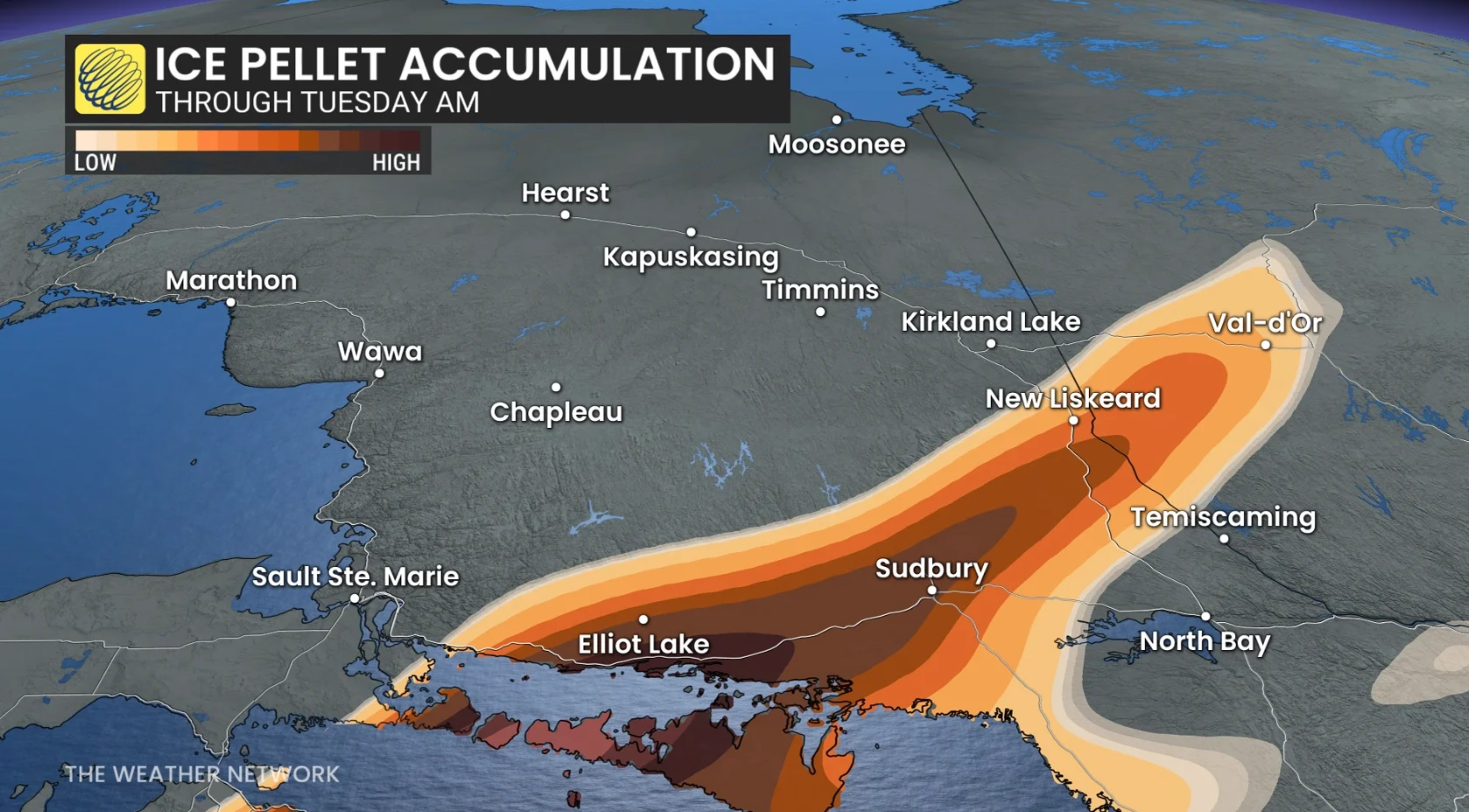 Northern Ontario ice pellets through Tuesday morning