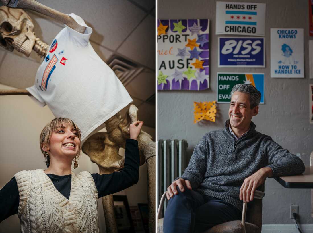 At right, Kat Abughazaleh, a 26-year-old former journalist and content creator and at left, Evanston mayor Daniel Biss are running in the Democratic primary for Illinois' 9th Congressional District .