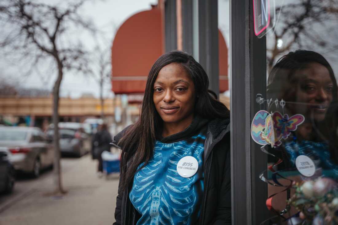 Seara Clayborn, a union member and supporter of Daniel Biss’ candidacy for the Democratic nomination in Illinois’ 9th Congressional District, stands for a portrait in downtown Evanston ahead of the March 17, 2026 primary election on February 28, 2026, in Evanston, Illinois.