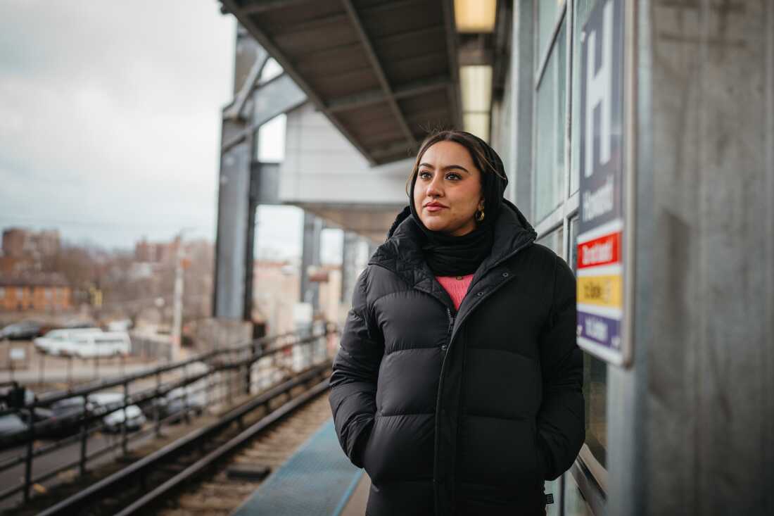 Bushra Amiwala, a Skokie school board member and candidate in the Democratic primary for Illinois’ 9th Congressional District, stands waiting for a Yellow Line train as she campaigns for the March 17, 2026 primary election on February 28, 2026, in Chicago, Illinois.