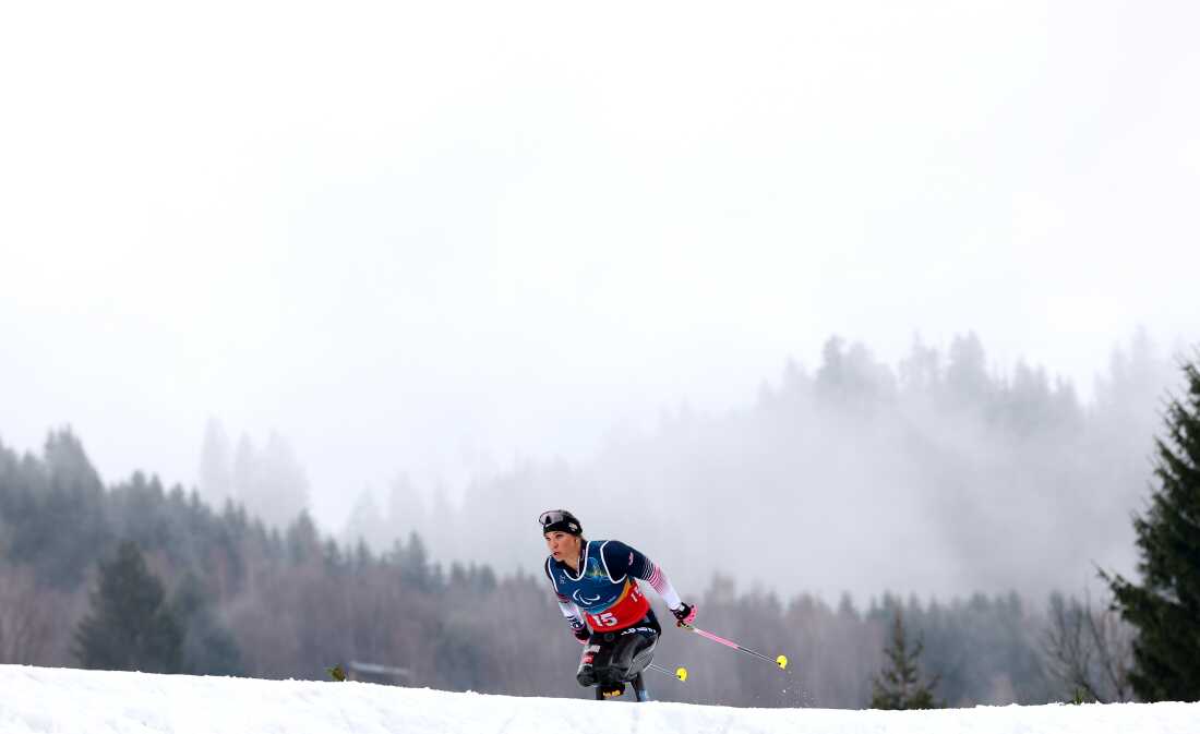 Oksana Masters competes in the Para Cross-Country Skiing Women's 20km Interval Start Sitting in Tesero, Italy on Sunday.