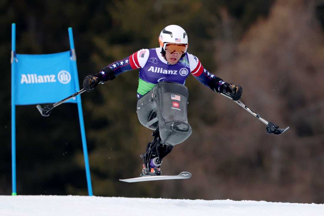 Andrew Kurka competes in the Super-G leg of the Para Alpine Skiing Men's Alpine Combined Sitting.