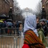 Demonstrators protest the arrest and detention of pro-Palestinian activist Mahmoud Khalil outside of Columbia University. Khalil, a graduate student with a green card, is a legal permanent resident.
