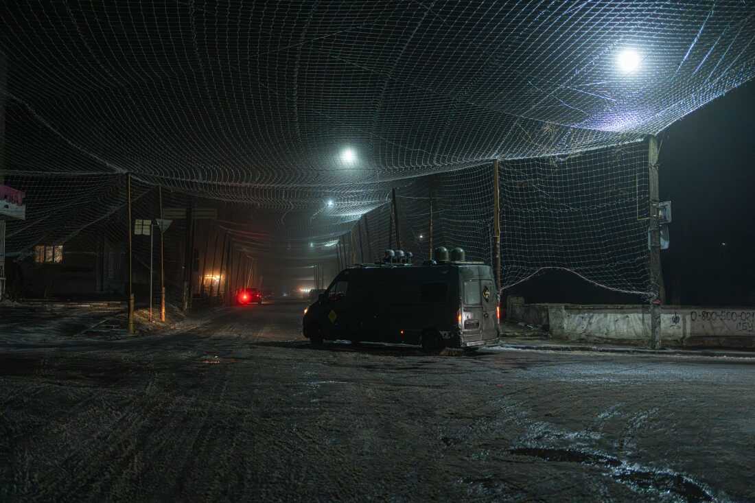 Nets along the city streets in Izium, Ukraine.