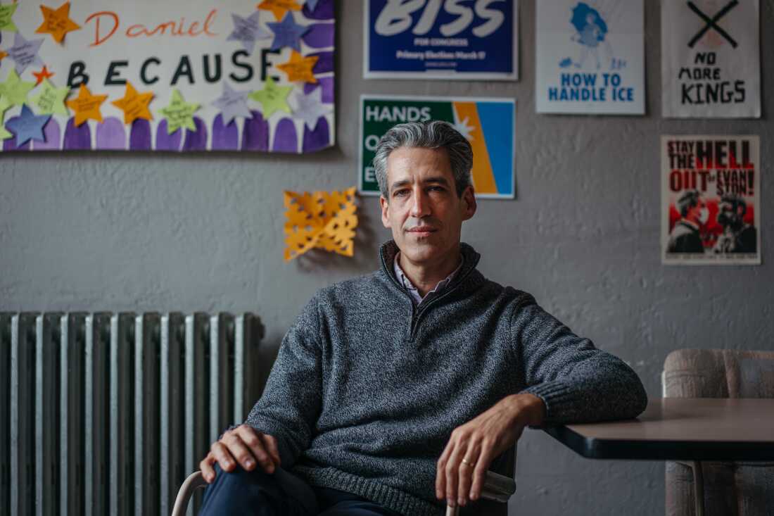 Evanston Mayor Daniel Biss, who is seeking the Democratic nomination in a crowded field of about 15 candidates for Illinois’ 9th Congressional District, sits for a portrait at his campaign office ahead of the March 17, 2026 primary election on February 28, 2026, in Evanston, Illinois. Biss is running for the open seat following U.S. Rep. Jan Schakowsky’s retirement. Schakowsky has endorsed Biss in the race. Jamie Kelter Davis for NPR