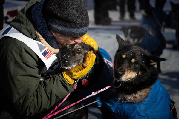Jessie Holmes hugs his dogs at the finish line, after claiming his second straight Iditarod Trail Sled Dog Race championship, in Nome, Alaska, Tuesday March 17, 2026. (Marc Lester/Anchorage Daily News via AP)