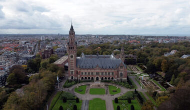 An aerial view of a large building.
