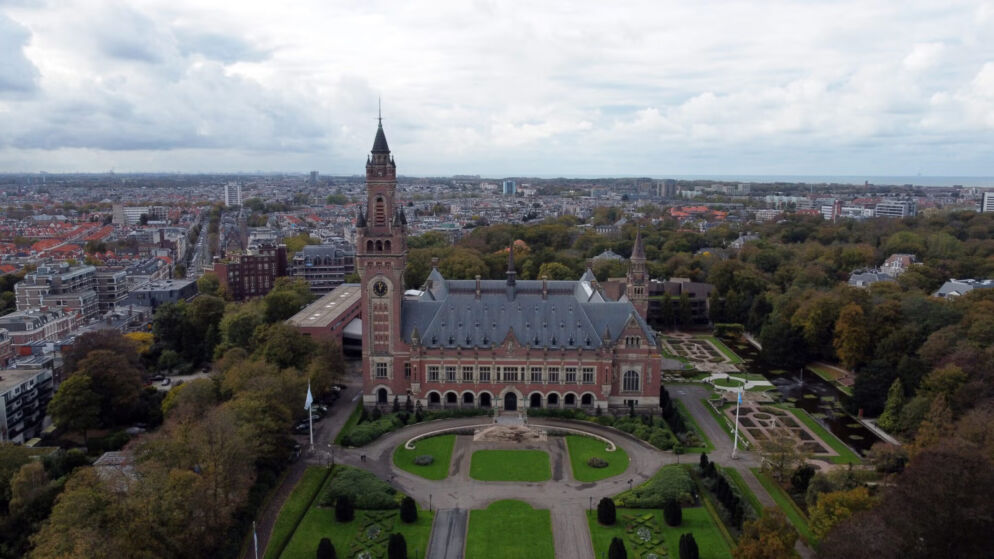 An aerial view of a large building.