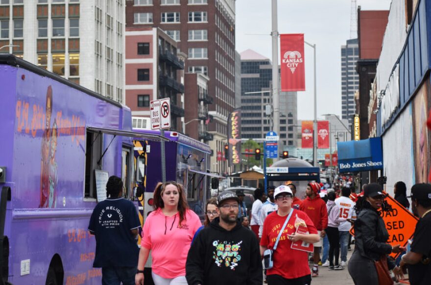 Fans and food trucks line the streets of Kansas City leading to Union Station in April 2023 as the NFL Draft approached.