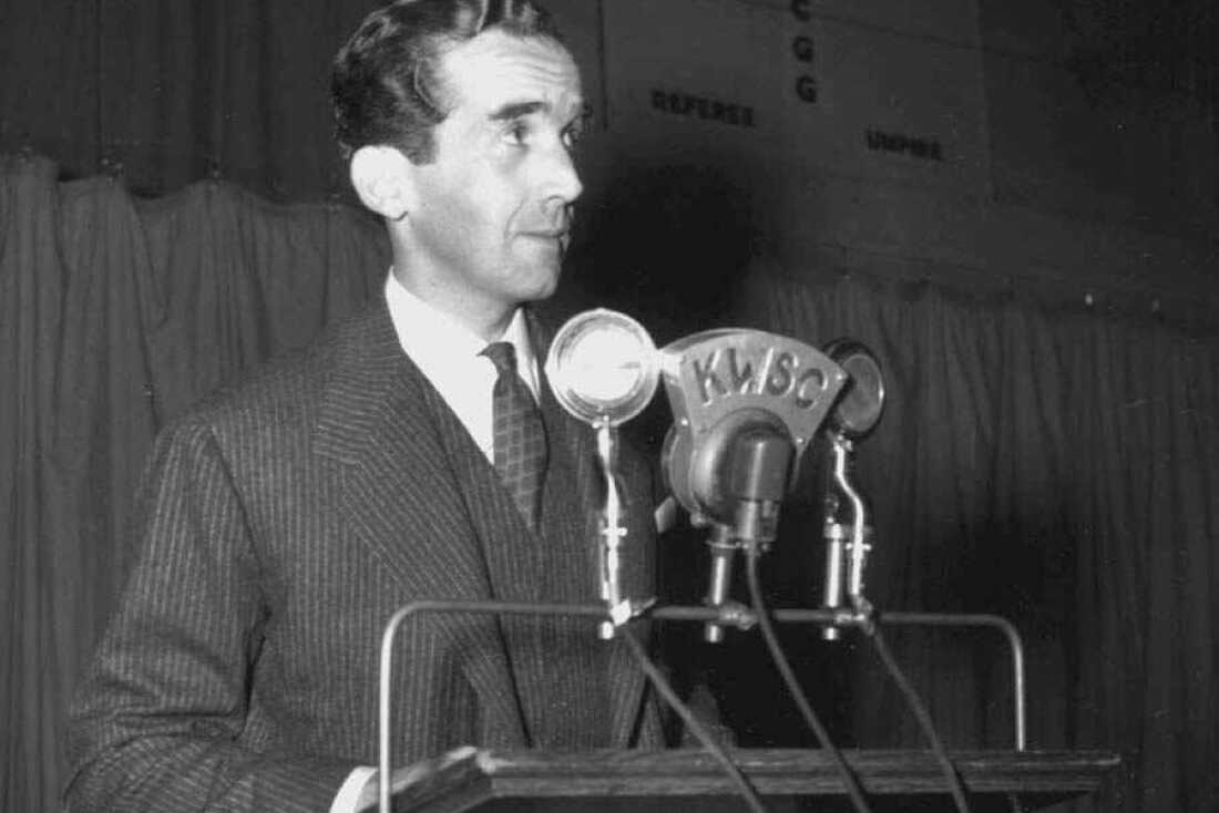 Edward R. Murrow, a CBS correspondent who made his name from the front lines of World War II and from confronting Sen. Joseph McCarthy during the 1950s Red Scare, during a speaking engagement.