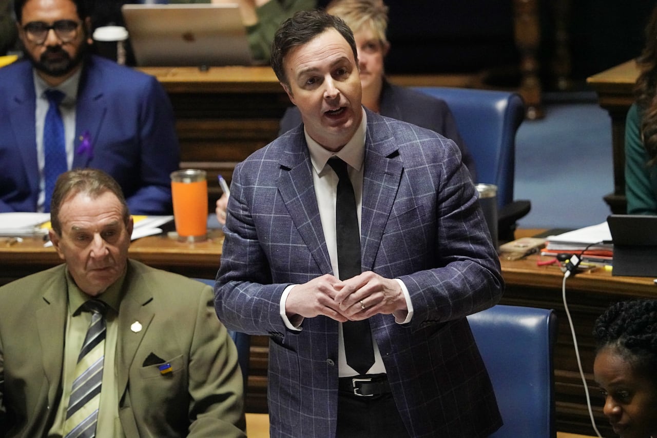 A man in a greyish blue patterned suit speaks during a government legislative session.