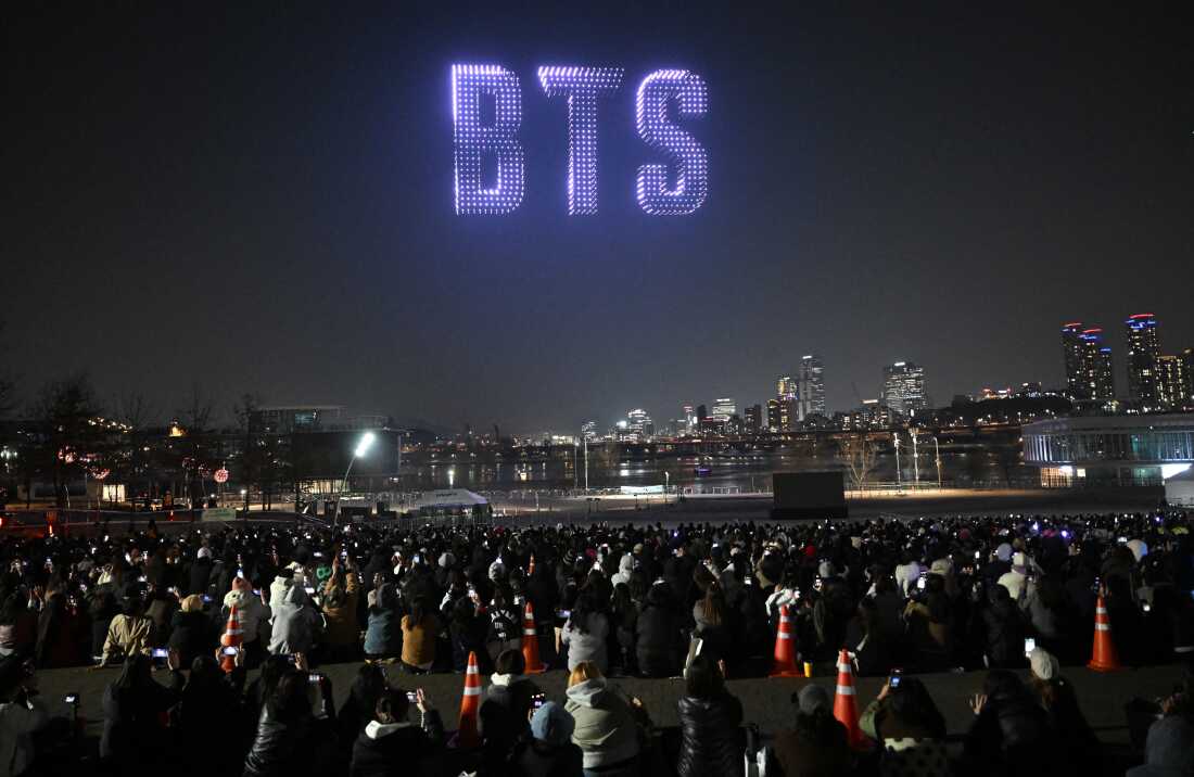 Fans in Seoul waiting for the comeback concert by BTS watch a drone light show. The biggest band in K-pop before it went on hiatus in 2022 so its members could perform mandatory military service in South Korea, BTS released its sixth album, Arirang, on March 20.