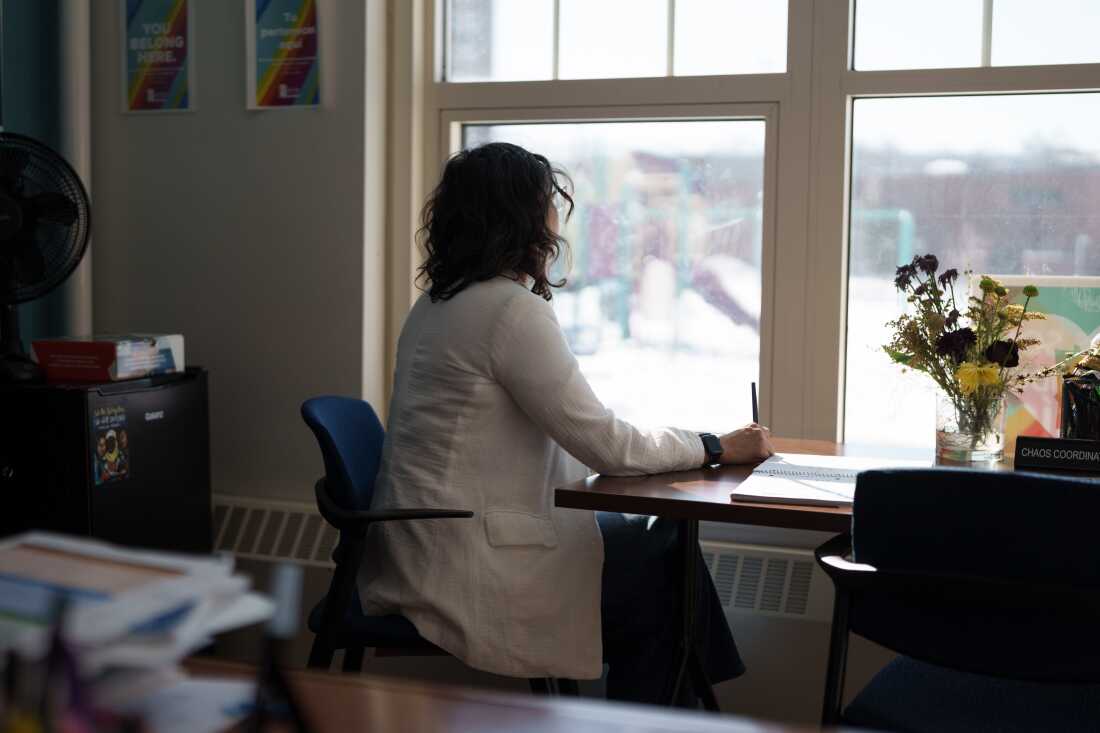 Amanda, the principal of the elementary school, sits for a portrait in her office in St. Paul, Minn., on March 18.