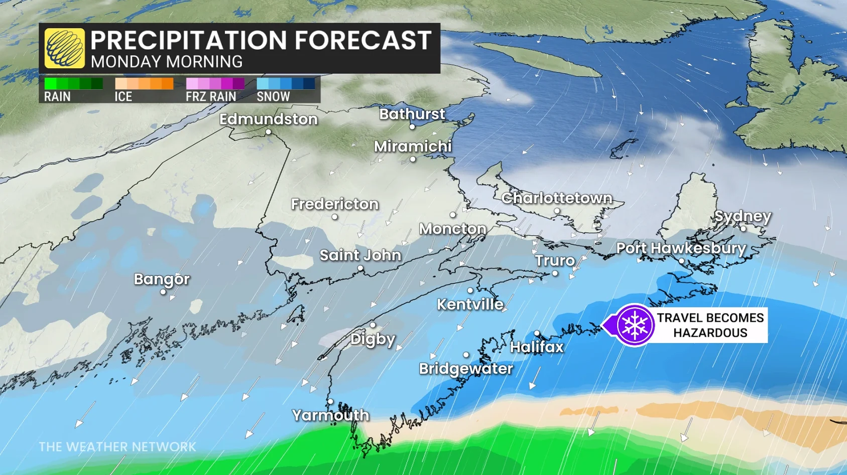 Atlantic Canada precipitation forecast Monday morning