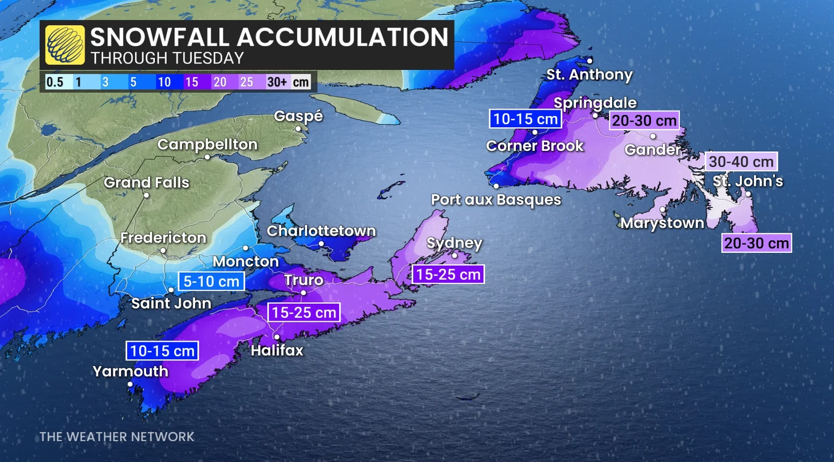 Atlantic Canada snowfall forecast through Tuesday